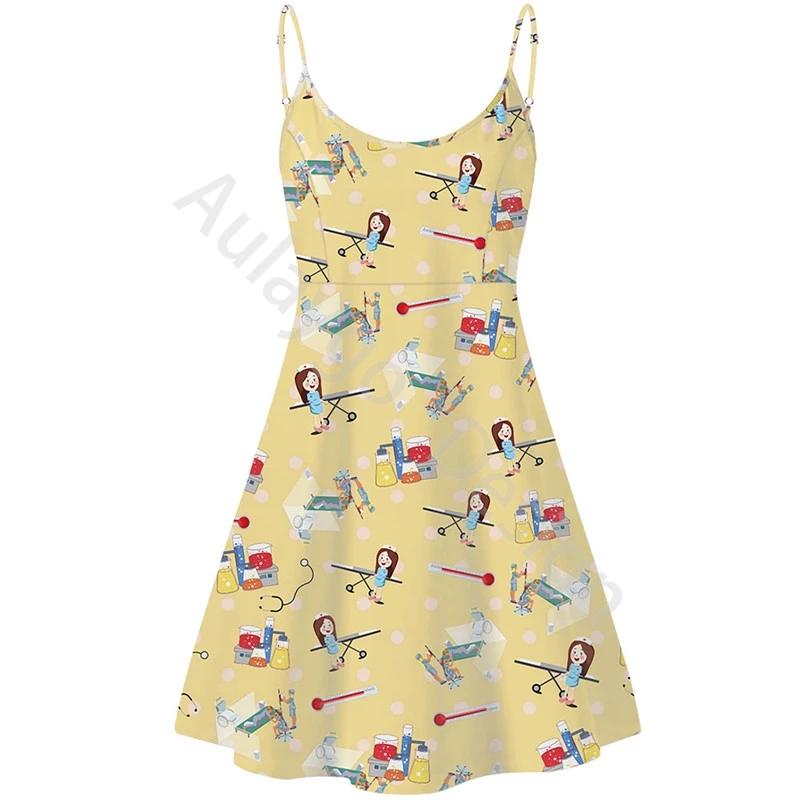 

Yellow Summer Beach Dress Cartoon Nurse Pattern Sexy Short Beachwears 2020 New Fashion Trending Clothing Vestido Playero