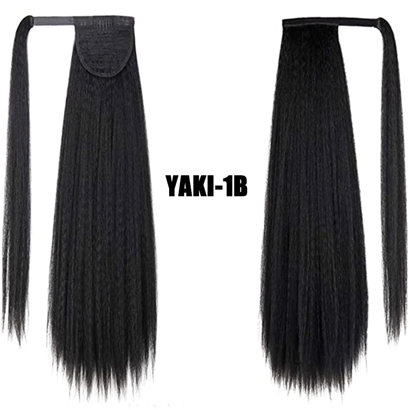 XINRAN Synthetic Yaki Ponytail Extension for Women Wrap Around Kinky Straight Ponytail Clip in Magic Paste Hairpiece 24 Inch
