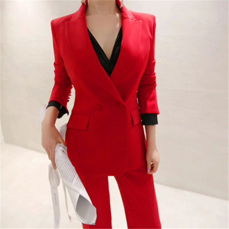 

Runway Chic Red Women Pant Suits Slim Blazer Coat + High Waist Pants Sexy Female Business Blazer Suits Set 2 Pieces Set 2020