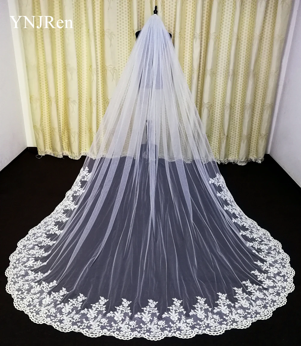 Real Photos Tulle Applique Cathedral Wedding Bride Veil White Ivory White Veil Hand Stitched Metal Comb