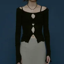 

Sexy solid hollow out top long sleeve O-neck t-shirt woman 2021 casual Autumn Spring top