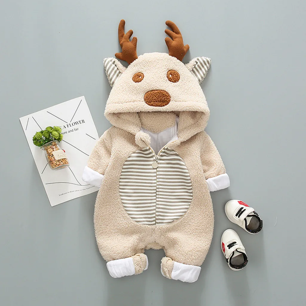 Hooded Baby Rompers New Born Baby Clothes Newborn Fleece Cartoon Winter Coat Warm Jumpsuit Christmas Coat Antlers Outwear Wy4