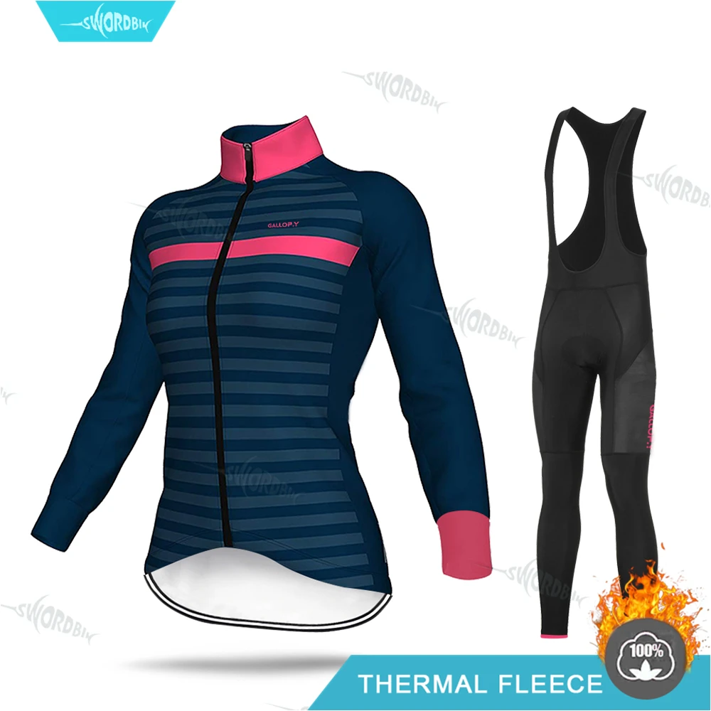 Bib Cycling Set Зимняя флисовая майка, комплект для женщин, одежда для велоспорта, одежда с длинными рукавами, профессиональная команда, для верховой езды, теплая флисовая, MTB, гелевая накладка, комплект брюк - Цвет: Bib Cycling Set
