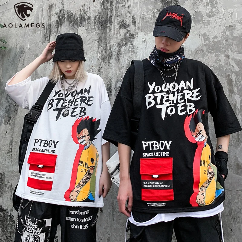 

Aolamegs Men's T Shirt-match Advanced Colorful Graffiti Hit Color Letter Painting Printed illustration Hole Ripped Streetwear