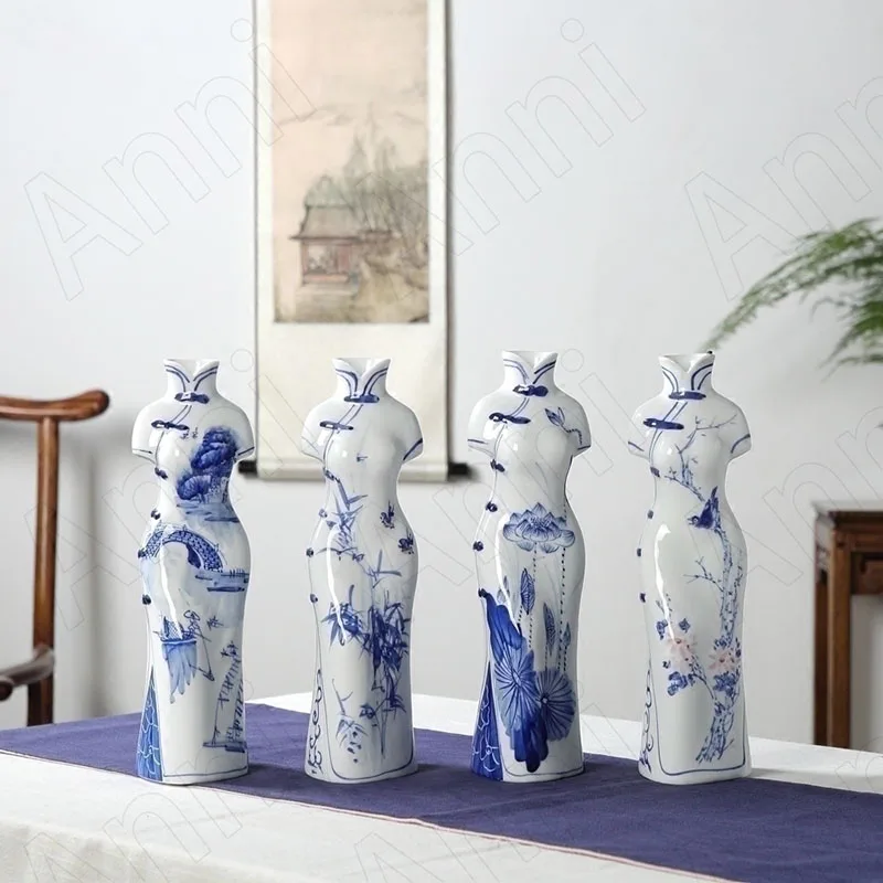 

Creative Cheongsam Figures Ceramic Vases Chinese Modern Painted Blue and White Porcelain Crafts Ornaments Living Room Decoration