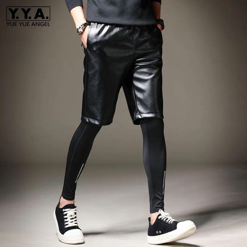 Summer New Mens Knee Length Pu Leather Shorts Elastic Waist Hip Hop Harem Pants Korean Casual Streetwear Biker Leather Shorts Summer New Mens Knee Length Pu Leather Shorts Elastic Waist Hip Hop Harem Pants Korean Casual Streetwear Biker Leather Shorts