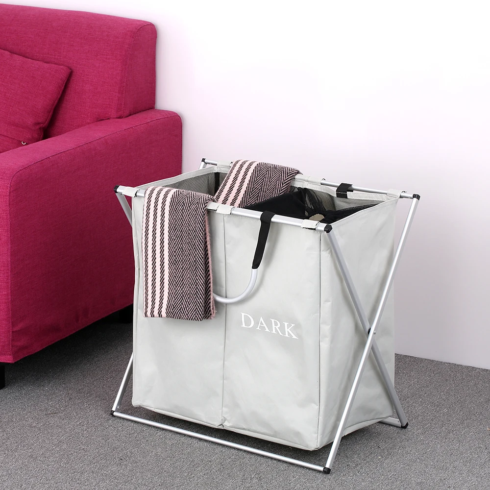 

Hot 2 Sections Organizer Foldable X-frame Oxford Laundry Basket Hamper Mesh Drawstring Dirty Clothes Organizer Box Storage