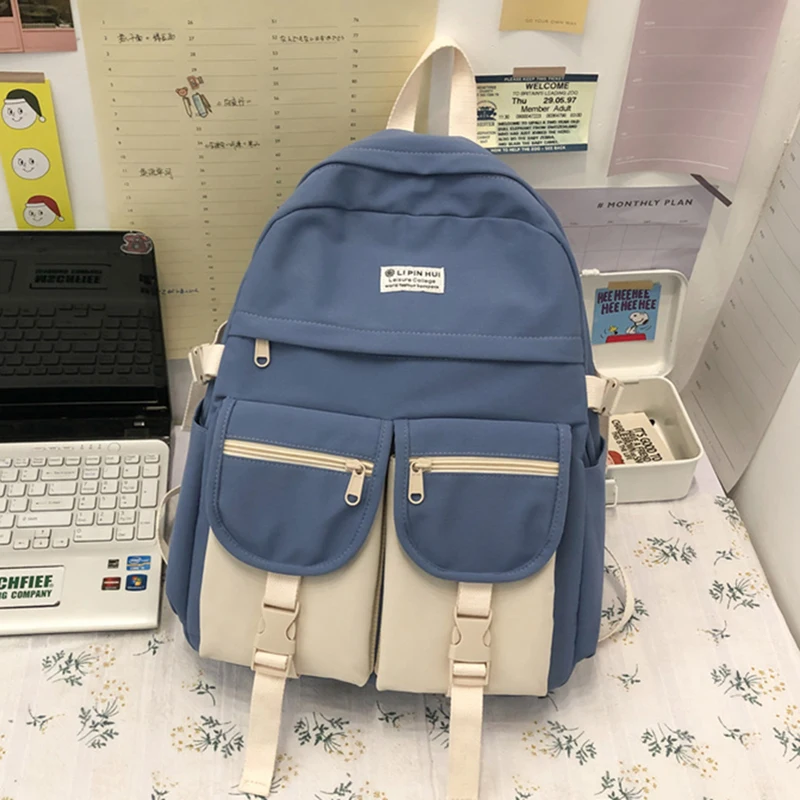 Fashion Contrast Backpack Women Waterproof Nylon Backpack Panelled Multi-Pocket School Bag For Teenage Girls Shoulder Bag