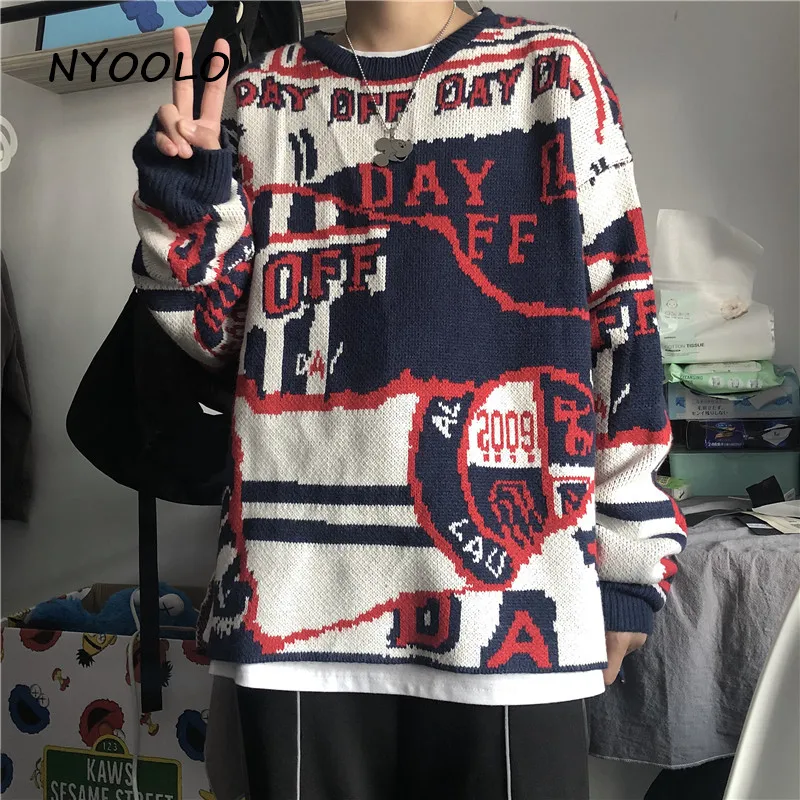 NYOOLO Harajuku, винтажные уличные рождественские вязаные свитера в стиле пэчворк, Осень-зима, пуловер с длинным рукавом и круглым вырезом, свитер для женщин и мужчин