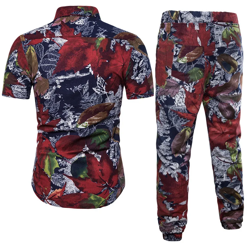 

New Style Men Short Sleeves Tree Leaves Print Shirt Elastic Waist Drawstring Capri Pants Two-Piece Set