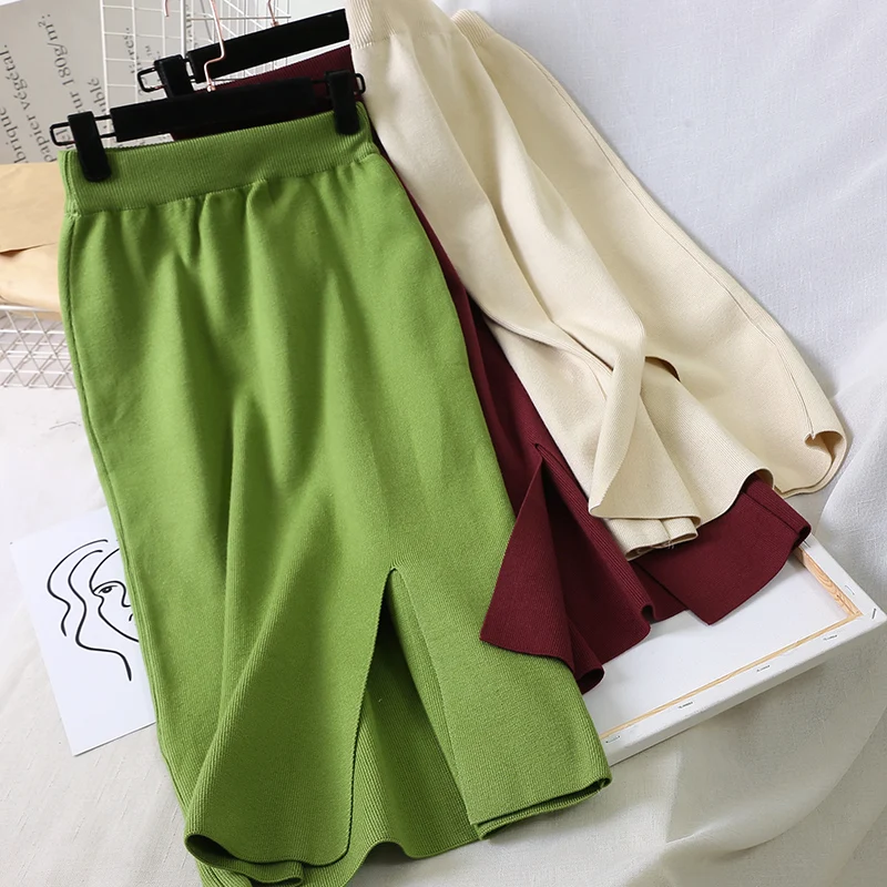 Осенне-зимняя Гибкая эластичная юбка миди с высокой талией, с разрезом из Алина, теплая трикотажная юбка для женщин, зеленые, серые, бежевые, красные женские юбки saia