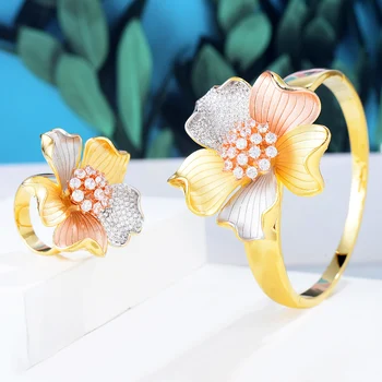 

2020 New High Quality Fashion Luxury Plant Flower Shape Full Micro Cubic Zirconia Bracelet Bangle Ring Sets Dress Jewelry Sets