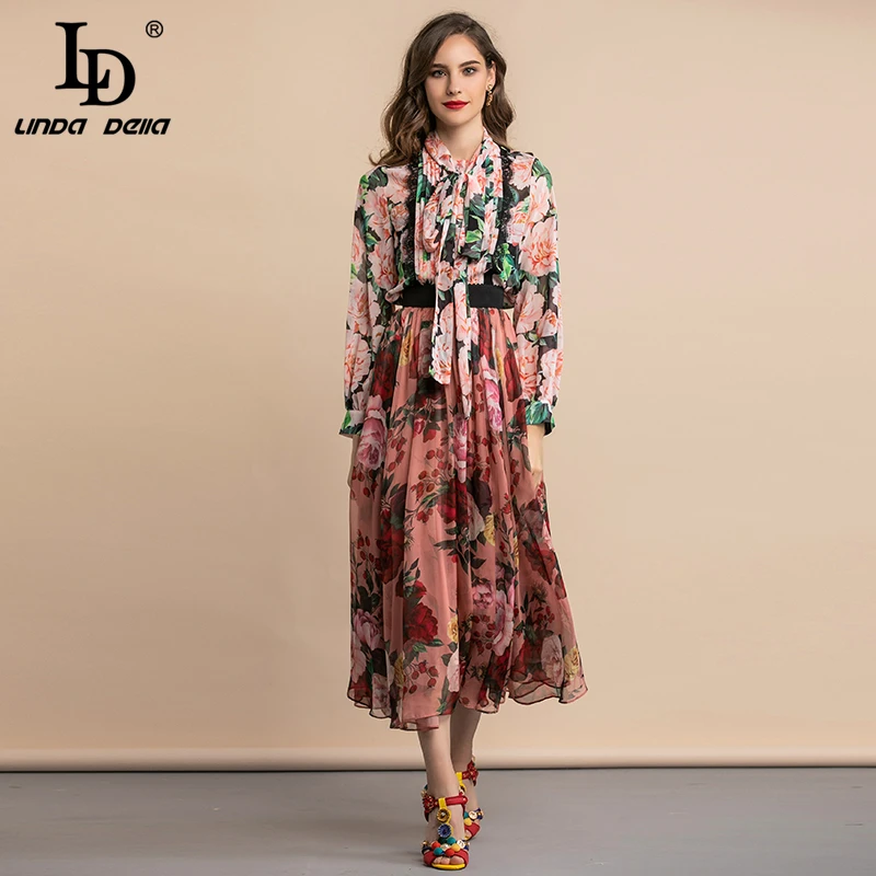 LD LINDA DELLA Autumn Fashion Elegant Blouses Women's Bow Collar Pleated Lace Floral Print Vintage Shirt Holiday Casual Tops