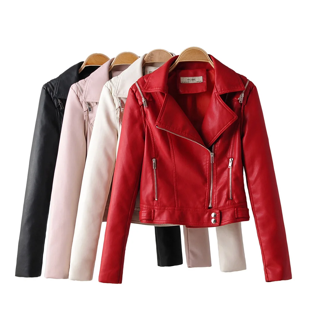 

Taotrees Autumn Solid Color Lapel Long Sleeve Slim Leather Short Jacket