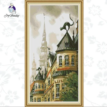 

Joy Sunday,Black cat on the roof,cross stitch embroidery kit,11CTor14CT Printed Fabric,Animal pattern cross stitching kits