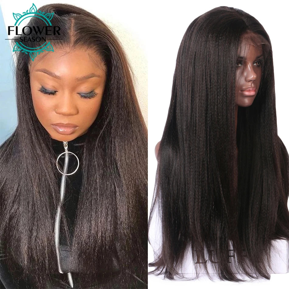 

Парик из 100% человеческих волос Light Yaki, прямой, плотность 180, 5x5, искусственная кожа головы, кружевной передний парик Yaki, предварительно выщипанный для черных женщин, Цветочный сезон