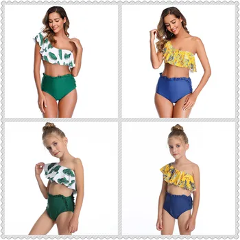 

2020 New hot sale one shoulder bikini for girls children matching mother daughter swimsuit high wasit bikini set