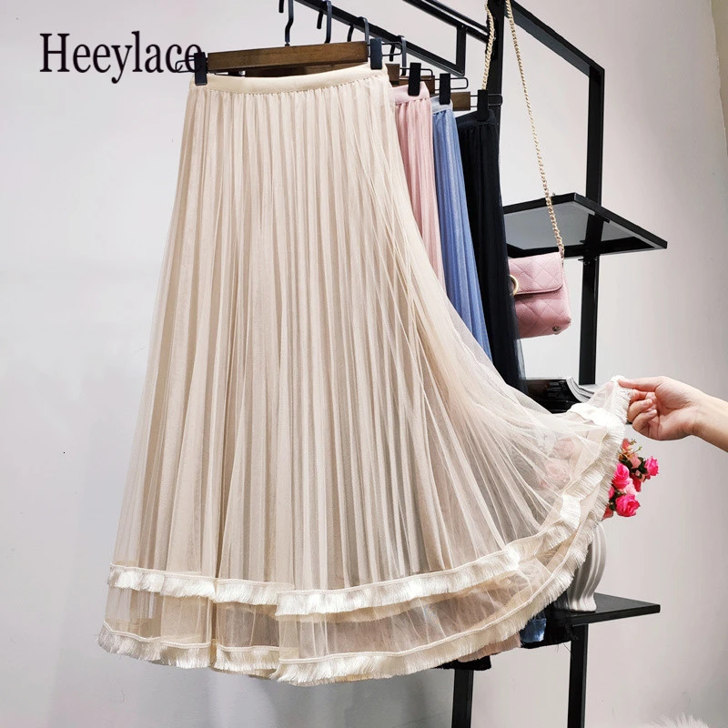 Осень зима винтажные юбки для женщин эластичная высокая талия тюль сетка длинная Плиссированная юбка пачка для женщин jupe longue
