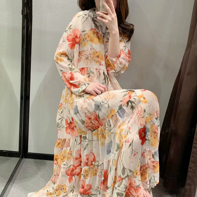 

New Bohemian Floral Print Long Dress Women Stylish High Waist Maxi Holiday Dress Female Long Sleeve Elegant Party Dress
