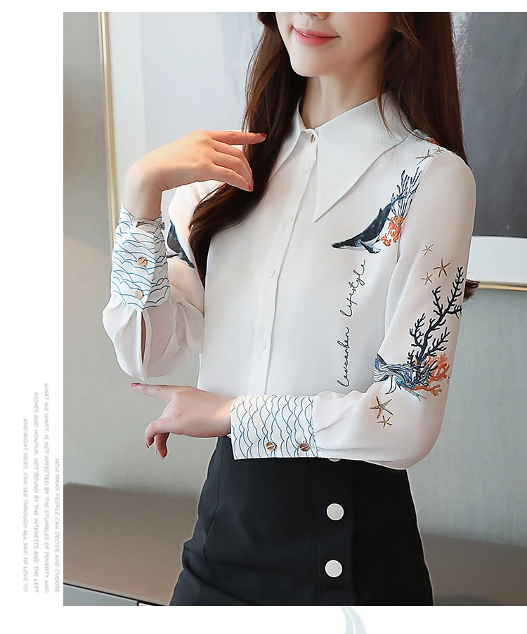Осенняя женская блузка, женские топы с длинным рукавом, белая блузка с пуговицами, шифоновая блузка с отложным воротником, топы 7082 50