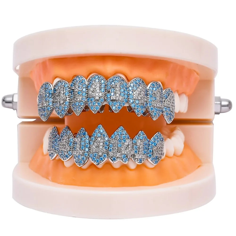 Ювелирные изделия для тела в стиле хип-хоп, 1414 зубы, Grillz Iced Out, Bling AAA, кубический цирконий, восемь, 8, сверху и 7 снизу, вампирский Клык, грили, подарок для косплея