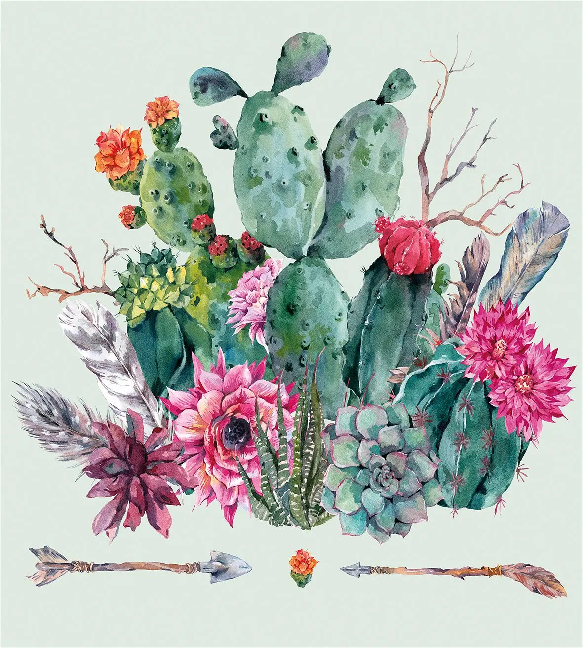 Cactus Duvet Cover Set Spring Garden with Boho Style Bouquet of Thorny Plants Blossoms Arrows Feathers Decorative 3 Piece Bed