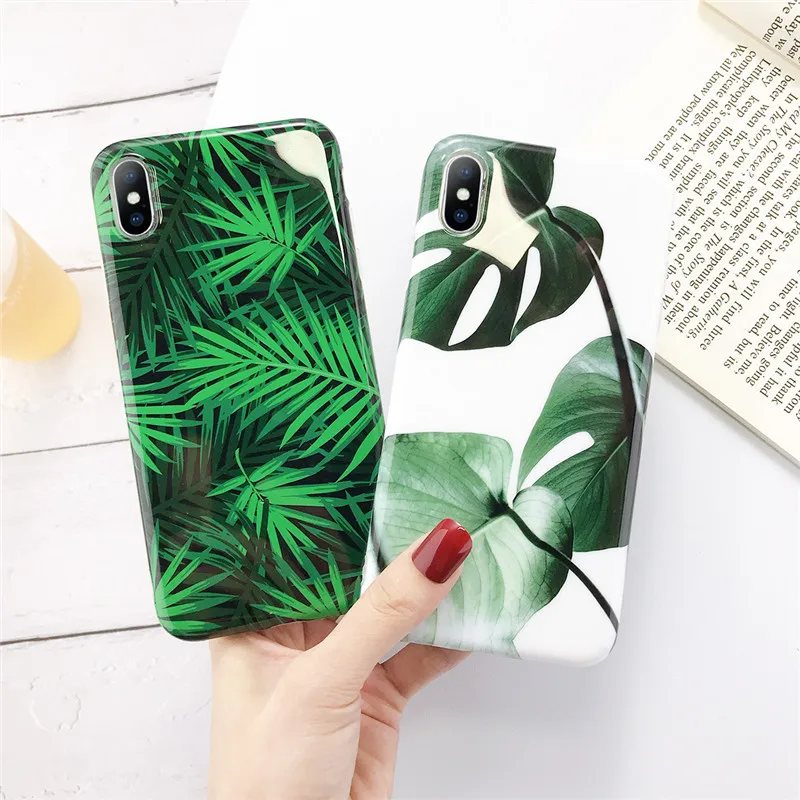 

Ottwn Glossy Fresh Green Leaves Phone Case For iPhone X XR XS Max Soft IMD Case For iPhone 6 6s 7 8 Plus Cover Back Cases