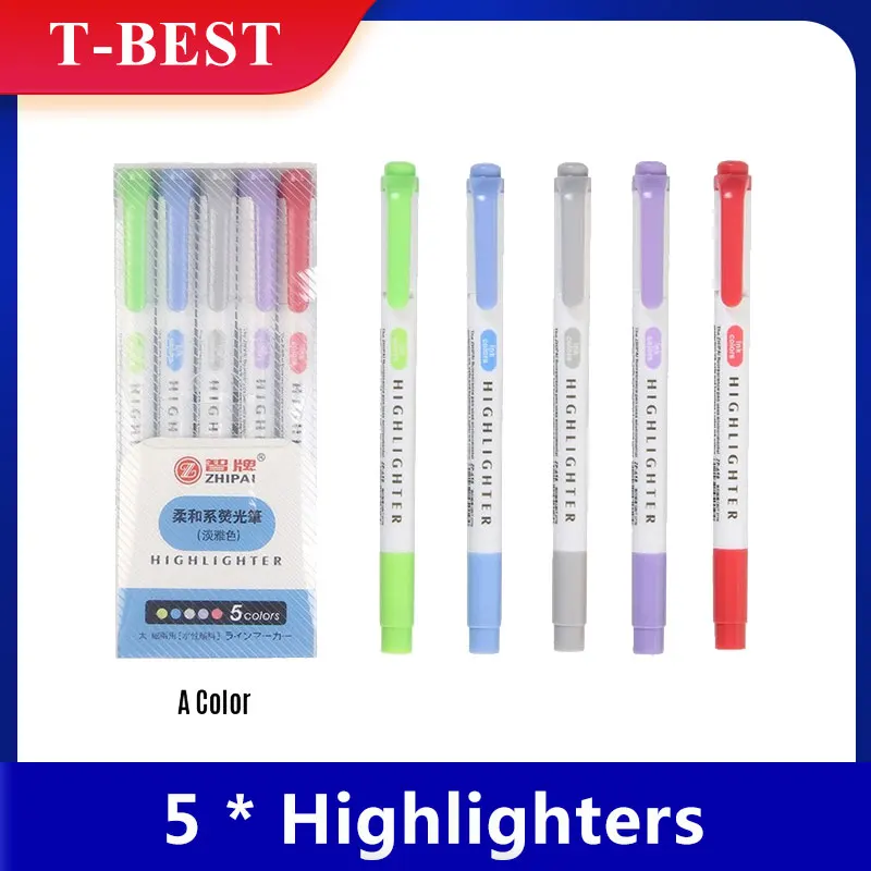 5pcs Dual Tip Highlighter Pens Broad Chisel and Fine Tips Marker Pen for for School Students