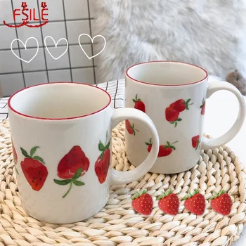 

FSILE Cartoon Ceramic Strawberry Mug Simple Girl Cute Couple Ceramic Coffee Milk Cup Creative Home Milk Coffee Cup Breakfast Cup