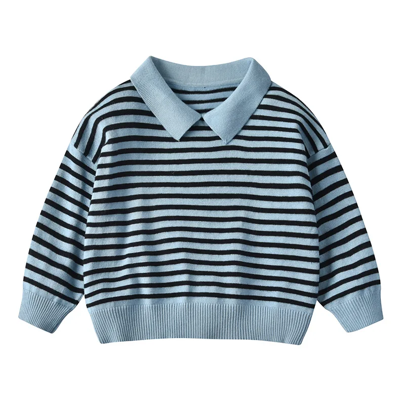 Детский свитер в полоску Одежда для маленьких мальчиков пуловеры, хлопковые свитера для девочек Осенняя свободная вязаная одежда с отворотами для детей 1, 2, 3 лет