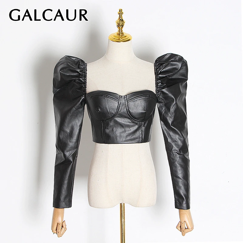 GALCAUR, винтажная короткая женская блузка с открытой спиной, квадратный воротник, пышная туника с длинным рукавом, рубашки, Женская мода, одежда, Новинка