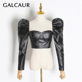 

GALCAUR Vintage Short Backless Women's Blouse Square Collar Puff Long Sleeve Tunic Shirts Female Fashion 2020 Clothing Tide New