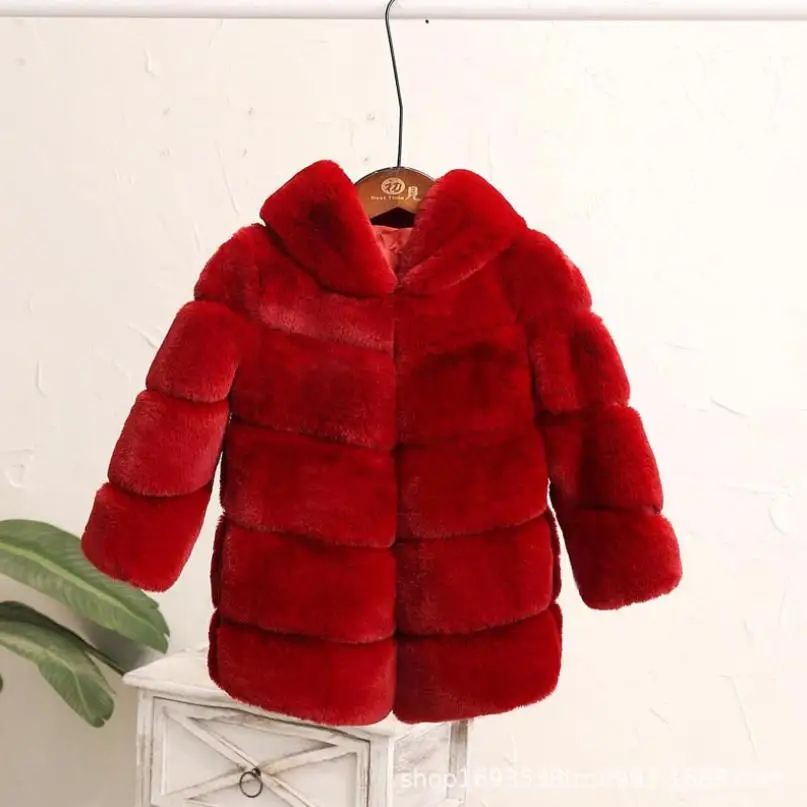 2-8 year Children's Faux Fur Coat Imitation Rex Rabbit Fur Girls Thicker kids Clothing Baby Winter warm Hooded Overcoat Y13