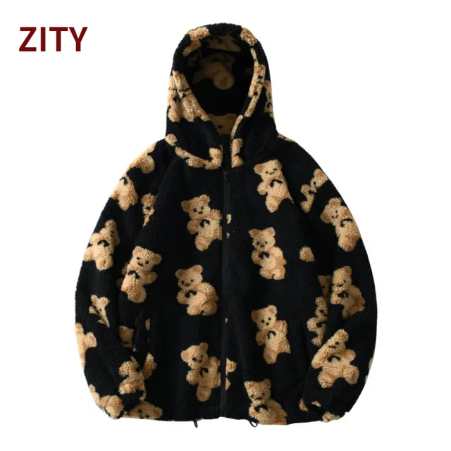 ZITY Cartoon Bear Fleece Hooded Jackets Women Casual Hoodie Female Zip Up Sweatshirt Teddy Coat Warm Hoodies Couple Clothes 1