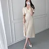 Solid Korean Pleated Dress Women Puff Sleeve V-Neck Bow Lace Up Summer Long Midi Dress Party Elegant Office Lady High Waist B036 ► Photo 1/6