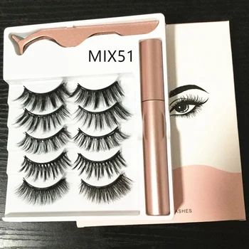 

5 Pairs Natural Faux Mink Hair False Eyelashes An Eyeliner A Pair Of Tweezers Wispy Fluffy Multilayer 3D Cruelty-free Eyelashes