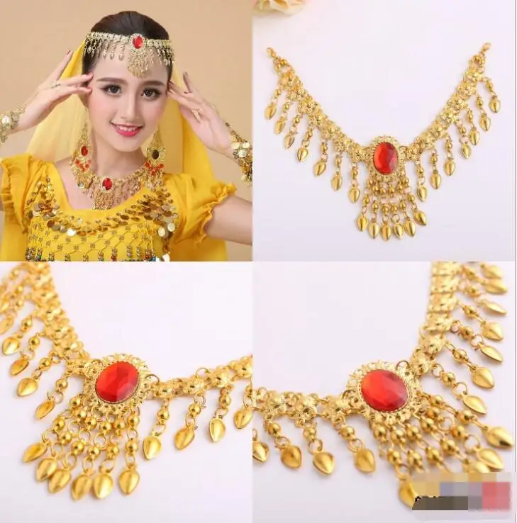 indian jewelry head Accessories Golden Finger Bracelet Shining Red Crystal Girl's Belly Dance Bracelet Jewelry