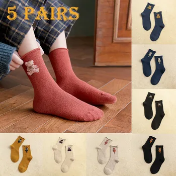 

Socks Christmass Winter Funny Socks 5 Pair Fashion Cartoon Bear Sewing Wool Solid Color Cotton Curling Stockings W1125