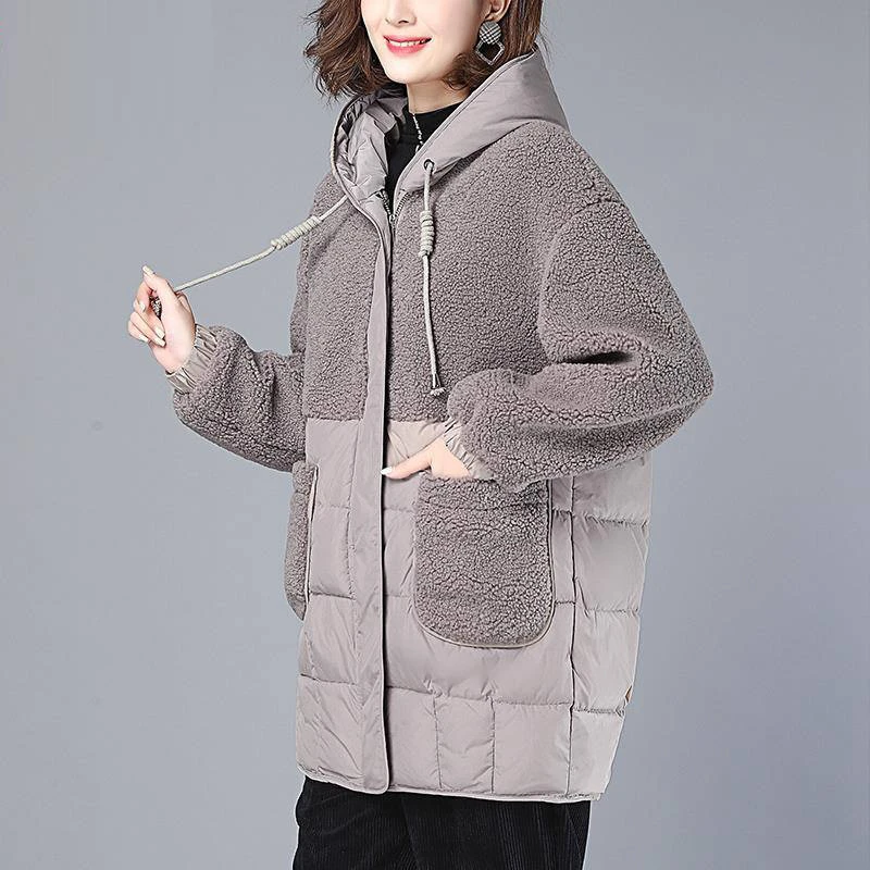 

Coat Women Loose Winter Jacket Pocket Hooded Lamb Pink Mink Hair Befree Veste Thick Warm Hiver Streetwear Outerwear