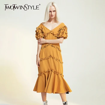 

TWOTWINSTYLE Vintage Patchwork Ruffle Dresses Female V Neck Lantern Short Sleeve High Waist Ruched Hem Mermaid Dress Women Tide