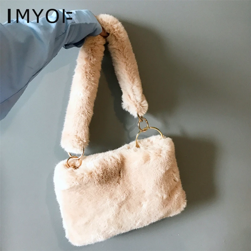 Зимняя плюшевая женская сумка с металлическим кольцом из искусственного меха на