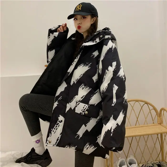 Женская хлопковая одежда Harajuku, корейский топ средней длины с капюшоном, хлопковая куртка, свободная Толстая парка, Осень-зима, пальто с принтом f2699