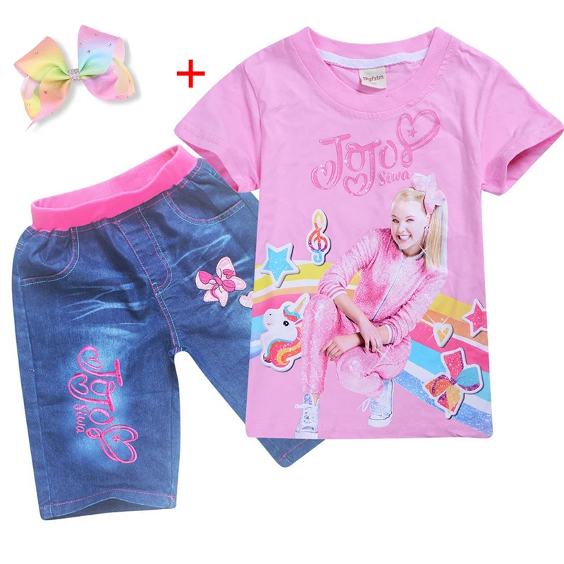Новинка года; летний костюм Jojo siwa для маленьких девочек футболка с короткими рукавами; джинсовый костюм для студентов комплект детской одежды для девочек