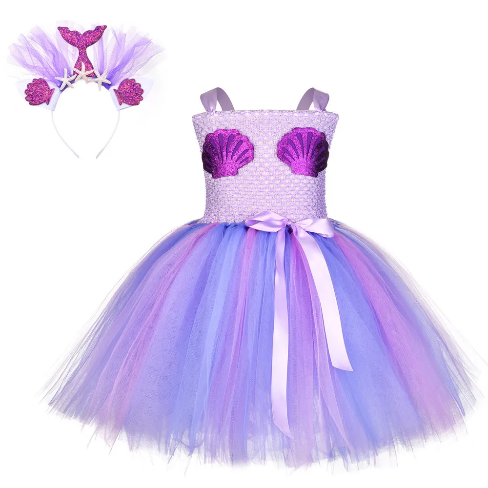 Children Unicorn Costume For Girls Halloween Cosplay Purple Dress Mermaid With Headwear Fish-scale Sequins Party Princess Dress - Цвет: 02