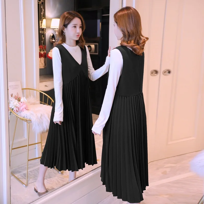 

Maternity Clothes 2019 Spring-Style New Style White T + Fold Dress Two-Piece Set