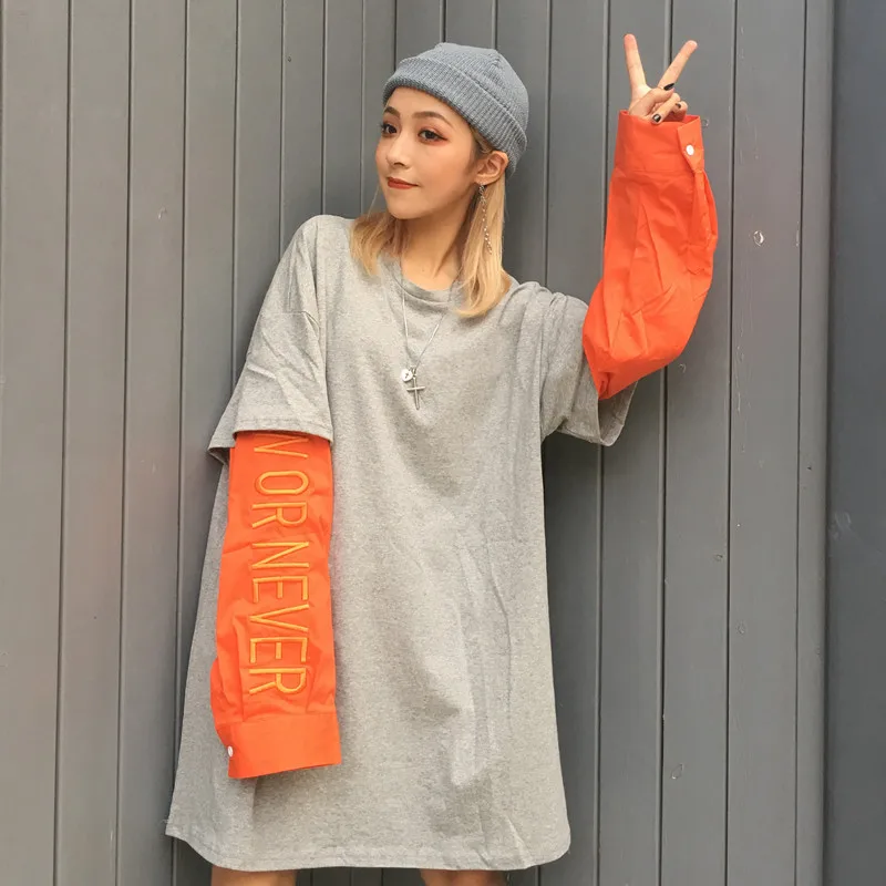 Корейский Harajuku Vinagte BF поддельный из двух частей вышивка с длинными рукавами толстовка модная свободная уличная хип-хоп Женская толстовка