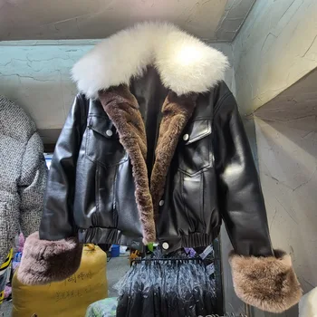 

Thick Faux Fox Fur Jackets Rabbit Sleeve Pu Leather Winter Imitation Cowhide Loose Lady Fur Jacket Thick Women Winter Coats