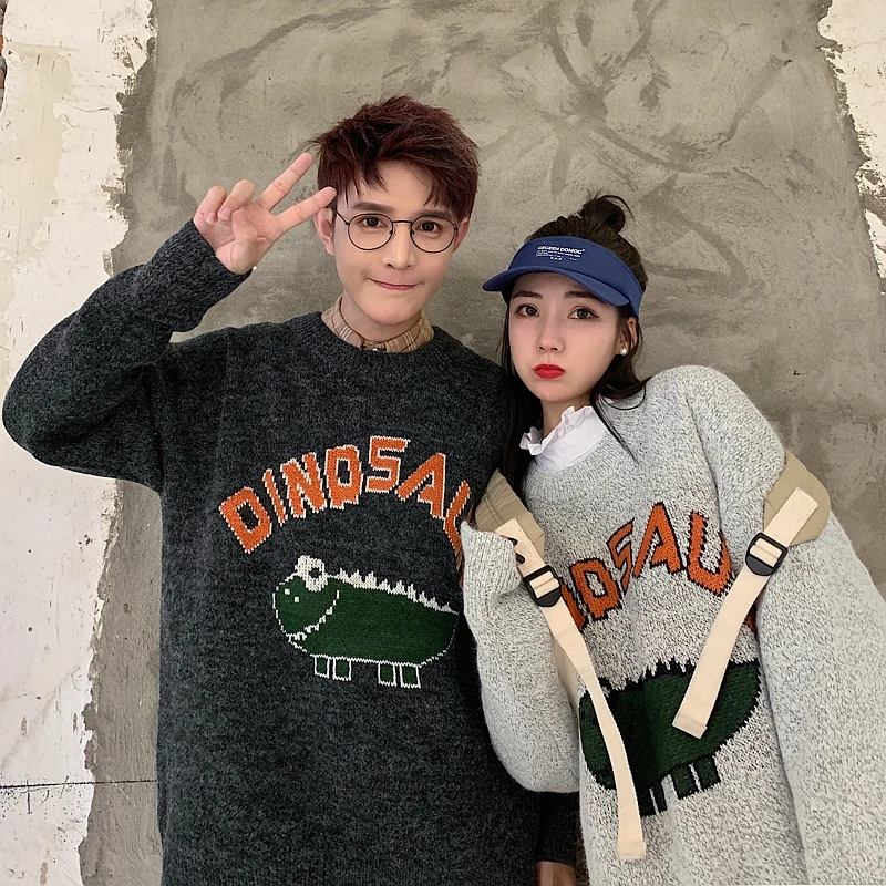 Dinosaur Men's Sweater Winter Pullover Couple  Student Sweater Men's Thicken Personality Round Collar Couple Embroidered Sweater