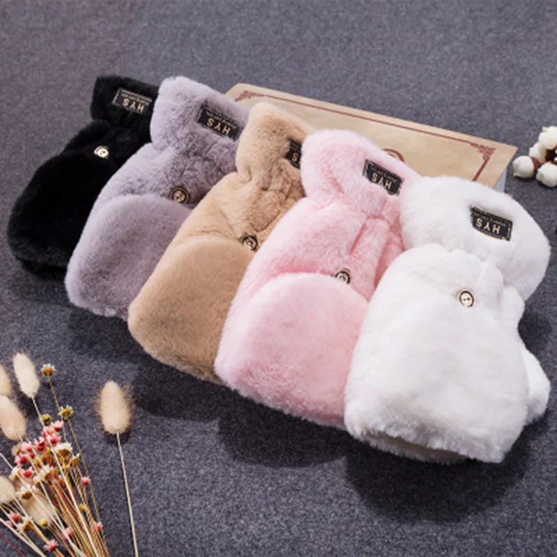 

Women Cute Thick Fingerless Plush Touch Screen Mittens Solid Color Couple Gloves Winter Warm Velvet Half Finger Typing Gloves