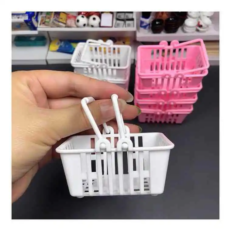 Mini Shopping Basket Pretend Play Toys Kids Mini Supermarket Shopping Hand Basket Model Doll House Miniature Furniture 2 pcs